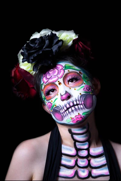 Japansk Kvinna Bär Socker Skalle Eller Catrina Makeup Och Mexikanska — Stockfoto