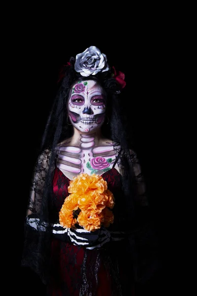 Japansk Kvinna Bär Socker Skalle Eller Catrina Makeup Och Mexikanska — Stockfoto