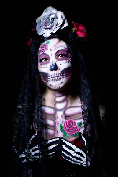 Mujer Japonesa Lleva Cráneo Azúcar Maquillaje Catrina Vestido Tradicional Mexicano — Foto de Stock