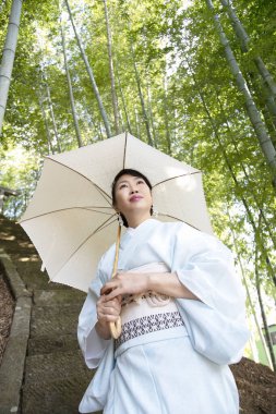 Bambu Ormanı 'nda geleneksel Japon kimonosu giyen Asyalı kadın..