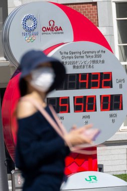 Tokyo, Japonya, 18 Mayıs 2020 - Yüzü maskeli bir kadın Tokyo Olimpiyatları 'na 432 gün kaldığını gösteren bir geri sayım saatinin yanından geçiyor.