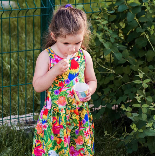 Linda Niña Comiendo Helado Parque Aire Libre — Foto de Stock