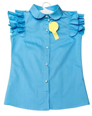 Mavi bebek bluzu beyaz arka planda izole edilmiş. Yakın plan..