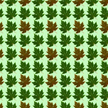 Açık yeşil arkaplanda renkli yaprakları olan pürüzsüz desen tekstil, duvar kağıdı, halı ve kahverengi kağıtta kullanılabilir.