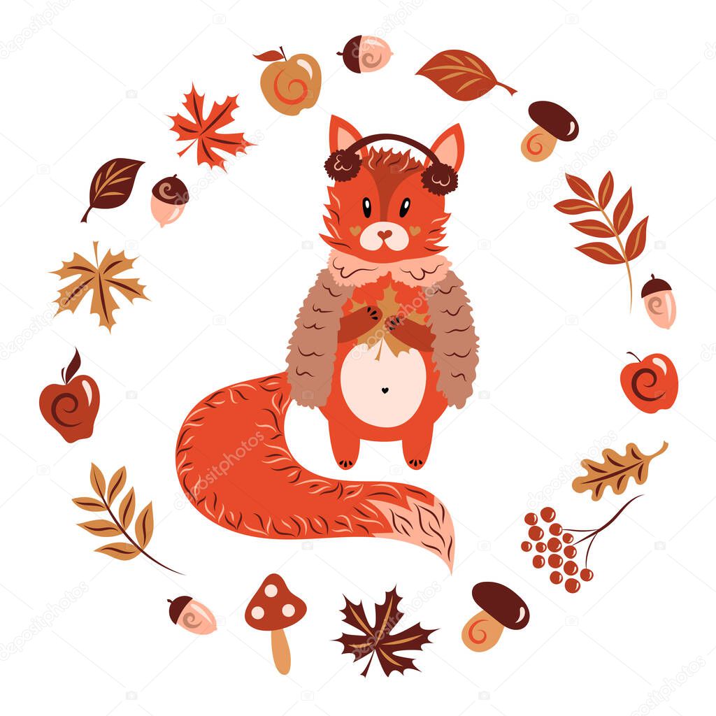 A fox in fur headphones, a fur coat and a maple leaf in its paws. Autumn character. Animal, yellowed leaves of oak, birch, apple, rowan berries, mushroom, acorn. Isolated objects. Vector illustration.