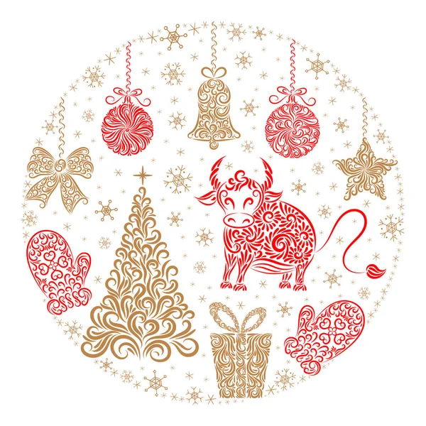 Un conjunto de decoraciones navideñas a partir de elementos ornamentados: toro, árbol de Navidad, bolas de Navidad, campana, estrella, regalo, arco, mitón, copos de nieve. Ilustración vectorial. Fondo blanco aislado. Tarjeta. — Archivo Imágenes Vectoriales