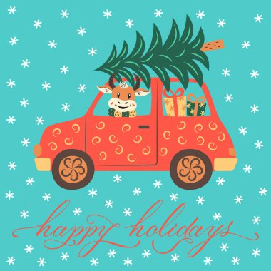 Boğa kırmızı bir araba kullanıyor ve hediyeli bir Noel ağacı taşıyor. Yeni yıl için güzel bir illüstrasyon. Tebrik kartı. Vektör. Süslü desenli düz tasarım. Mutlu tatiller..