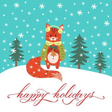 Pençelerinde çan olan kışlık giysili şirin tilki. Mutlu Tatiller Mektubu. Çizgi film karakteri. Noel zamanı. Uzayı kopyala Düz dizayn. Vektör çizimi. Hayvan, köknar ağacı, kar taneleri. Yeni Yıl.