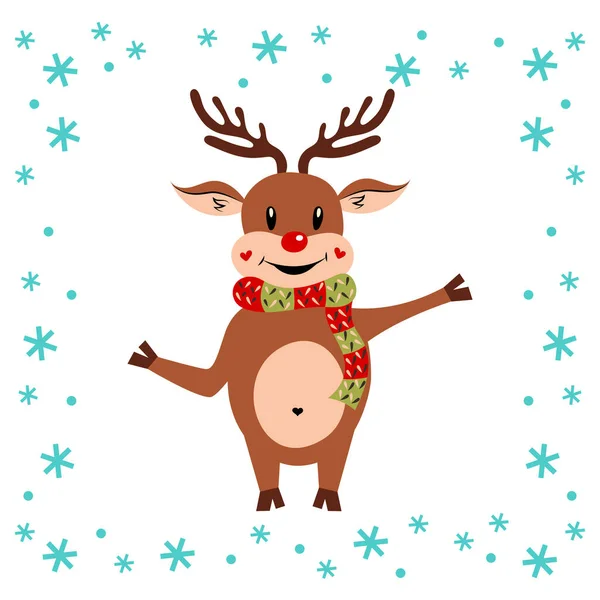 귀여운 크리스마스 순록과 눈송이 캐릭터 디자인 일러스트 재미있는 동물이군 배경의 — 스톡 벡터