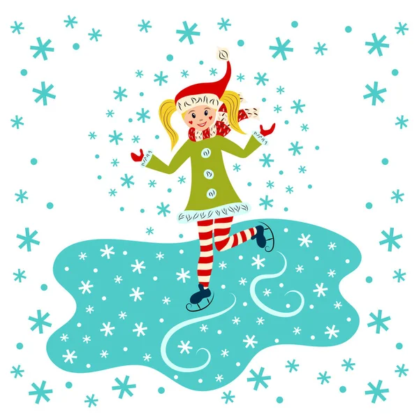 Cute Little Girl Skates Ice Outdoors Snow Falling Cartoon Character — Stock Vector