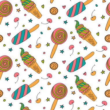 Parlak dondurma karalaması kusursuz desen. Yaz tatlısı, kiraz ve dikişsiz kurabiye. El çizimi. Tekstil, ambalaj, ambalaj kağıdı, duvar kağıdı tasarımı. Beyaz arkaplandaki izole nesneler