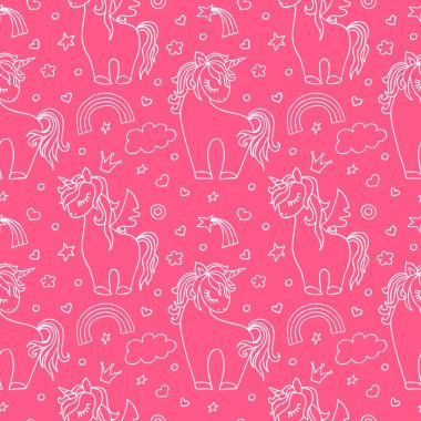 Tek boynuzlu at karalama vektörü kusursuz desen. Çocuk tasviri kusursuz doku. Tekstil, ambalaj kağıdı, duvar kağıdı tasarımı, ambalaj. Pembe arkaplan.