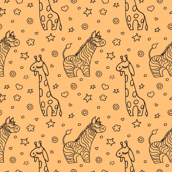 African Doodle Vector Seamless Pattern Giraffe Zebra Children Illustration Seamless — Stock Vector