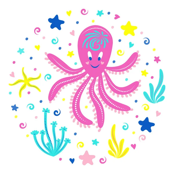 Vrolijke Octopus Met Sierlijk Ornament Zeewier Zeesterren Schattig Karakter Onderwaterwereld — Stockvector