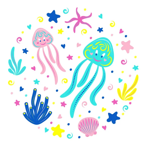 Cute Jellyfish Swim Underwater Algae Shells Starfish Children Illustration Vector — Stock Vector