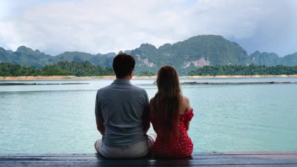 Vista posterior de la feliz besar pareja romántica sentarse juntos en la fecha en la naturaleza — Vídeos de Stock