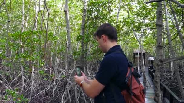 Young Man Traveler met rugzak maakt video op Smartphone in Mangrove Forest — Stockvideo