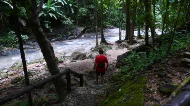 Travel Man met Bag on Back Walking Alone en gaat neer op trappen in de rivier — Stockvideo