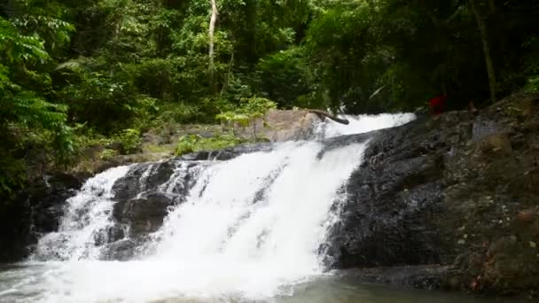 Hombre viajero trepando por el río Cascada en el bosque tropical de verano — Vídeos de Stock