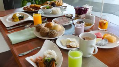 Cafe Breakfast Concept, Coffee Cup, Food Dishes Table, Set of Luncheon Food