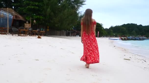 Carefree Female Tourist Relax on Sandy Beach on Summer Vacation in Thailand — Stock Video