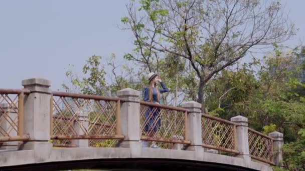 Mulher sorridente em férias Ficar e relaxar na ponte sobre o rio — Vídeo de Stock