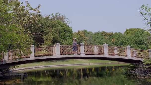 Giovane donna che cammina sul ponte sul fiume nel parco della città con alberi verdi — Video Stock