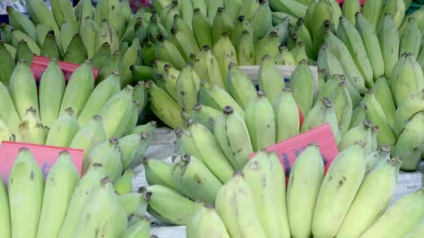 Exhibición de racimos verdes de plátanos en el mercado callejero al aire libre en Tailandia — Vídeo de stock