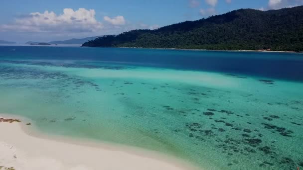 Aerial Top Widok na piękne Blue Ocean Beach z białym piaskiem i palmami — Wideo stockowe