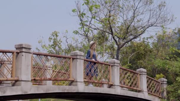 Femme souriante en vacances Rester et se détendre sur le pont sur la rivière — Video