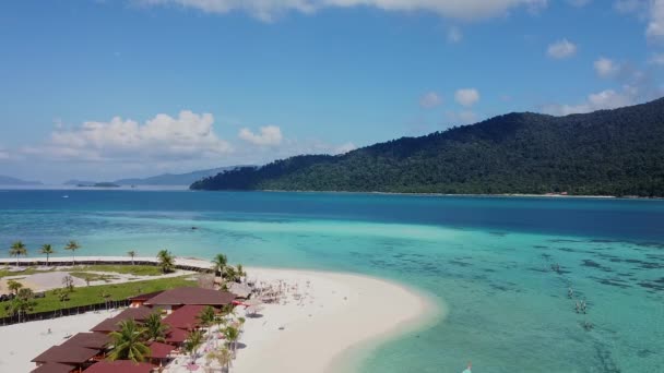 Blick aus der Luft auf den wunderschönen Strand mit blauem Ozean, weißem Sand und Palmen — Stockvideo