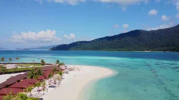 Letecký Top pohled na krásné Blue Ocean Beach s bílým pískem a palmami — Stock video