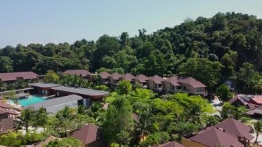 Yeşil Palmiye Ağaçları ve Yüzme Havuzu ile Güncel Konunun Havadan Görünümü