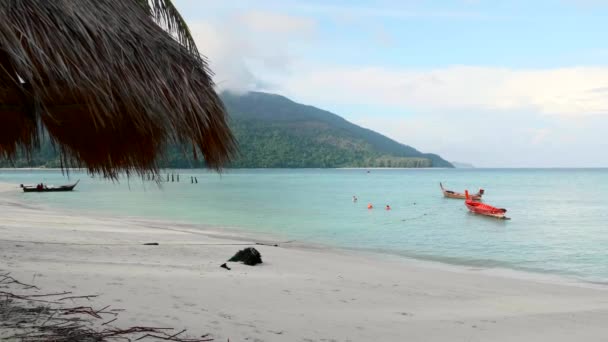 Férias na Ilha Tropical com Oceano Azul, Praia de Areia Branca, Palmeiras Verdes — Vídeo de Stock