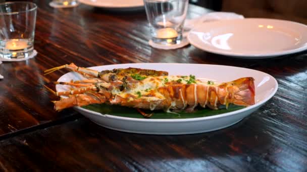 Grillowany homar z ziołami i pieczonym serem na talerzu — Wideo stockowe