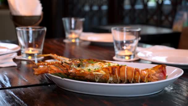 饭盘上夹有香草和烤奶酪的烤龙虾肉 — 图库视频影像