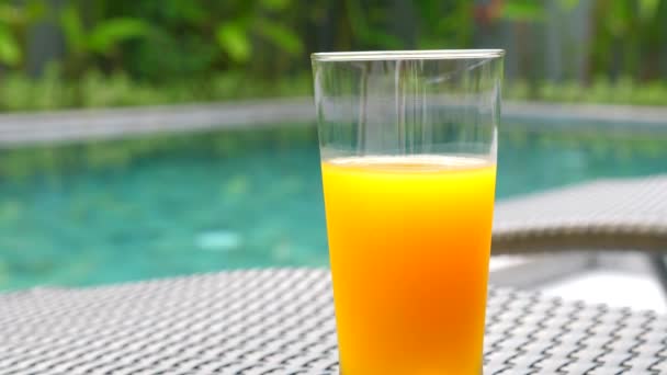 Üveg Orange Juice álló Sunbed közelében úszómedence és trópusi zöld — Stock videók