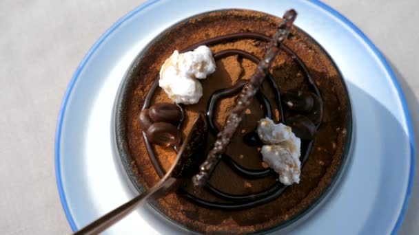 Tort Tiramisu - desert dulce tradițional italian cu boabe de cafea de ciocolată — Videoclip de stoc