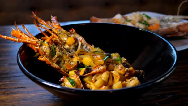 Fresh Lobster Roasted with Vegetables and Cashew Nuts in Luxury Restaurant — Stock Video