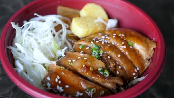 Roasted Chicken with Teriyaki Sauce, White Cabbage, Tamagoyaki, Rice in Red Bowl — Stock Video