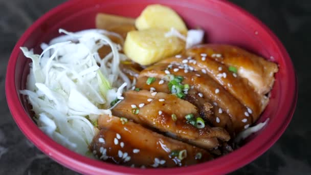 Mísa pečené kuře, Teriyaki omáčka, bílé zelí, Tamagoyaki omeleta, rýže — Stock video