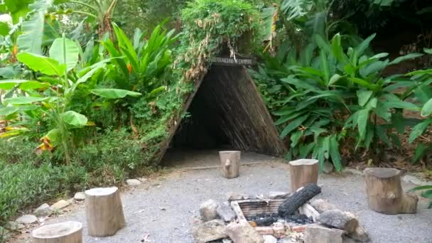 Cabana de madeira entre a vegetação tropical. Recreação ao ar livre. Detox digital — Vídeo de Stock