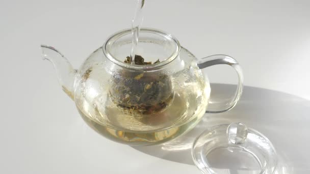 Derramando água fervente em panela de chá com folhas de chá verde de ervas, câmera lenta — Vídeo de Stock