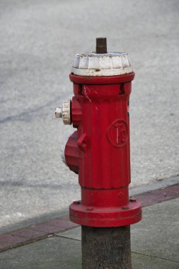 Red and white fire hydrant beside the street.  Vancouver BC Canada