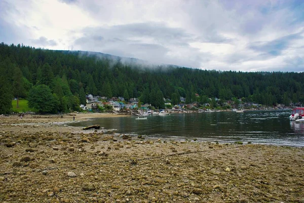 Kaya plajı ve Deep Cove 'daki evler. Kuzey Vancouver BC Kanada 