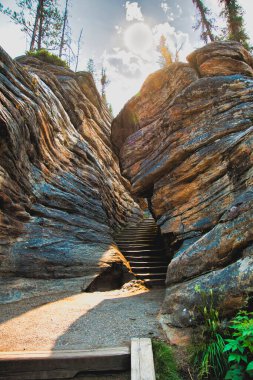 Athabasca Şelalesi 'nin merdiven bölümünde. Jasper AB Kanada 