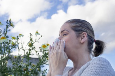 Kadın bir papatya çiçek çayır hapşırma