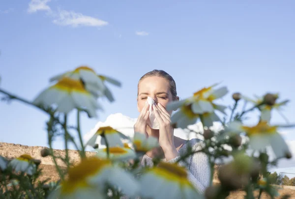 Jovem mulher alérgica espirrando em um prado — Fotografia de Stock