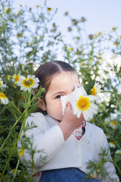 Menina da criança espirrando em uma margarida flores — Fotografia de Stock