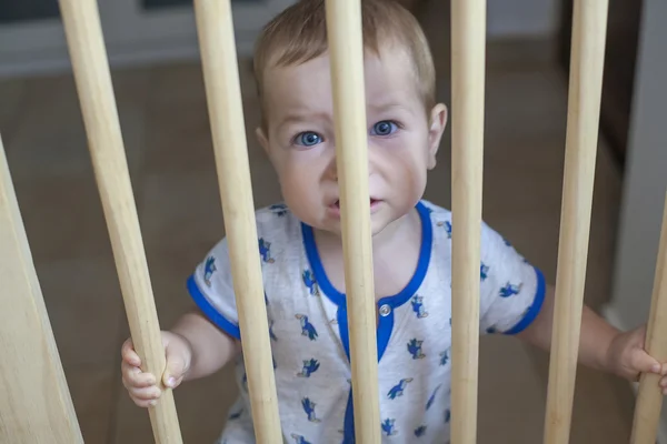 Baby pojke bakom trä skyddsgrinden trappa — Stockfoto